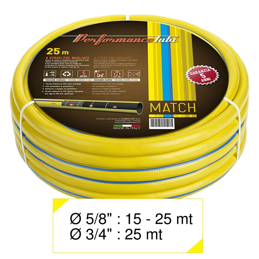 Tubo da Giardino Irrigazione Acqua Gomma Pompa Match 4 Strati Pvc Antialga Diametro e Lunghezza: Ø 3/4"- mt. 25