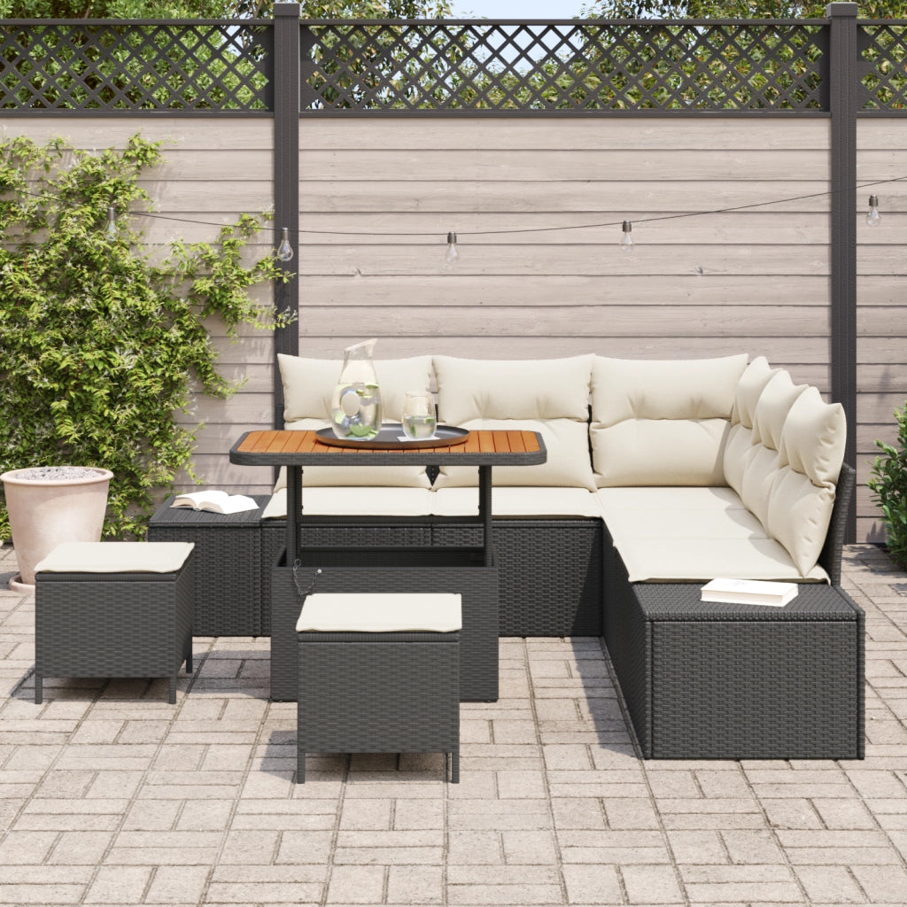 Set di Divano da Giardino 8 Pezzi con Cuscini Nero Poly Rattan Acacia