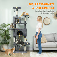 Albero Tiragraffi per Gatti Alto 202 cm con 6 Pali in Sisal Casette Amache e Lettino Grigio