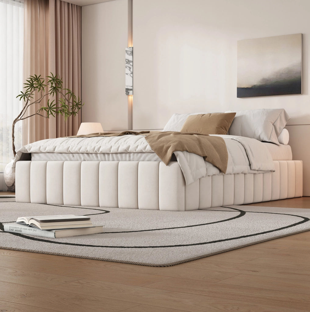 Letto imbottito 140x200 cm in velluto beige con 4 cassetti e rete a doghe