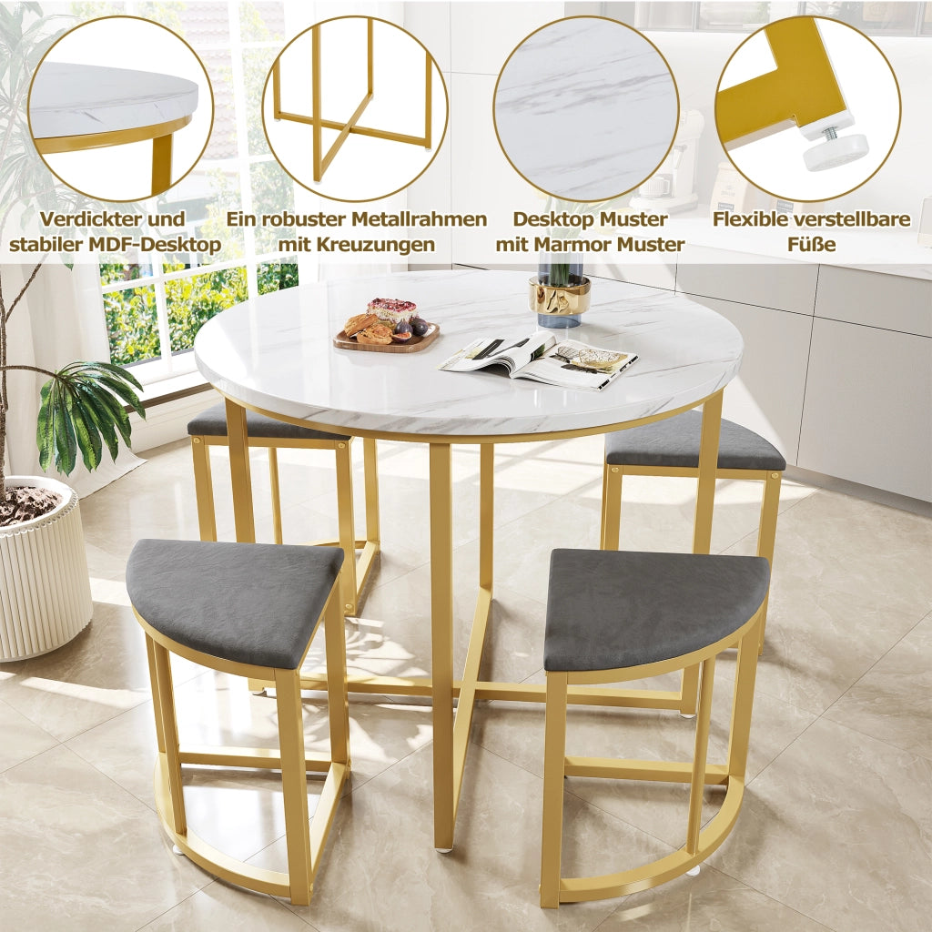 TAVOLO Set da 5 pezzi rotondo 80 cm MDF bianco e metallo dorato con 4 sedie