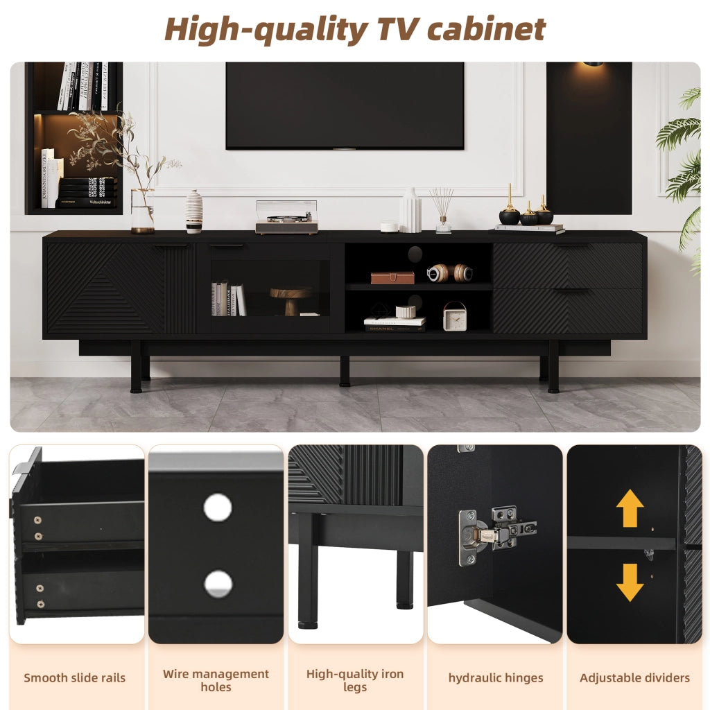 Mobile porta TV moderno con 2 ante, 2 cassetti e 2 vani aperti in vetro temperato nero 200 × 40 × 50,5 cm