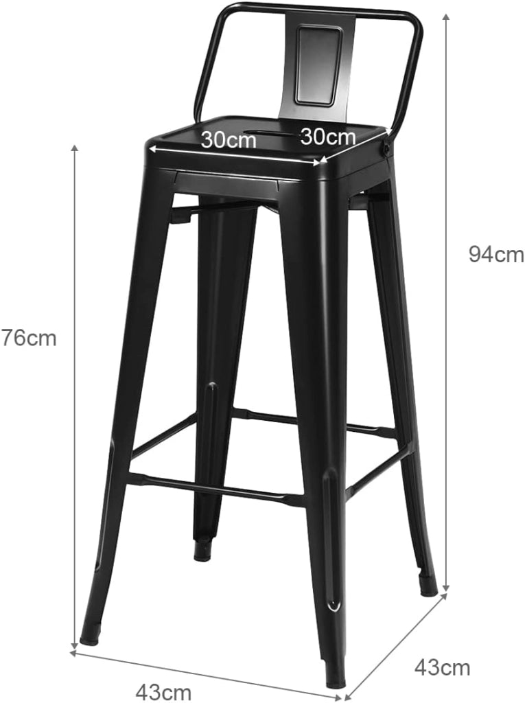Set di 4 Sgabelli da Bar con Schienale da 94 cm, Sgabelli in Metallo Impilabili con Poggiapiedi per Cucina, Sala da Pranzo e Bar (Nero)