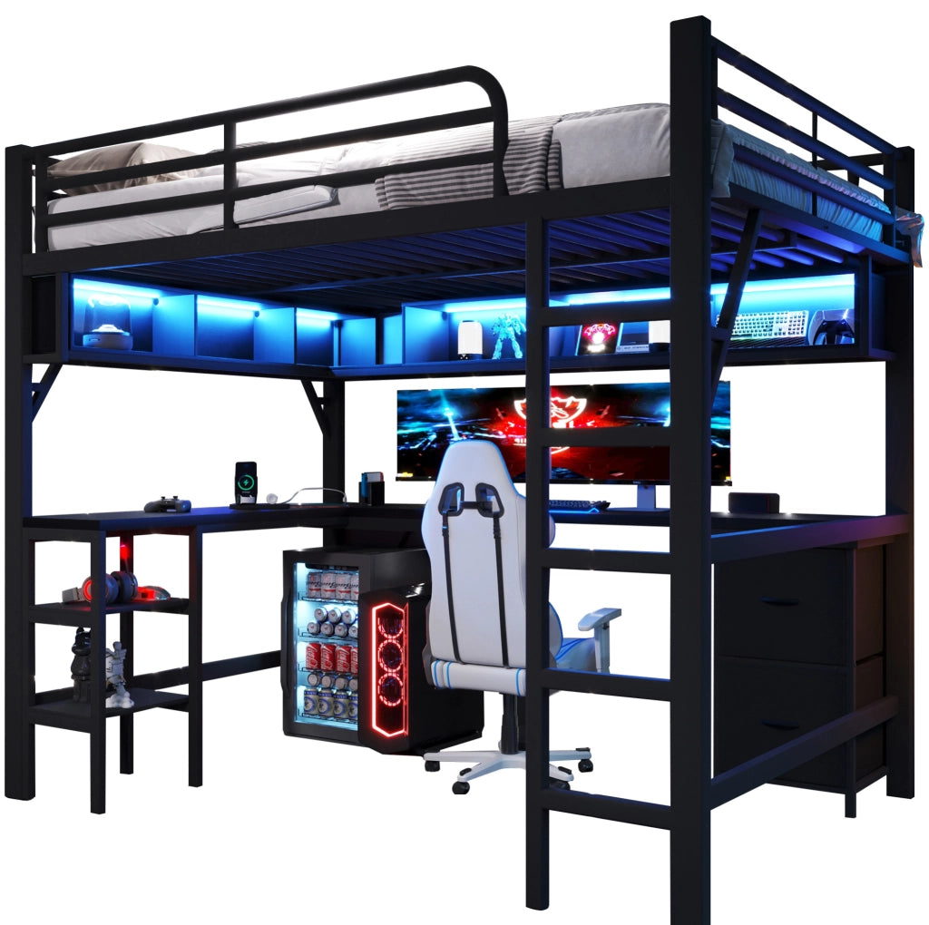 Letto a soppalco 140x200 cm con scrivania, LED e USB, nero