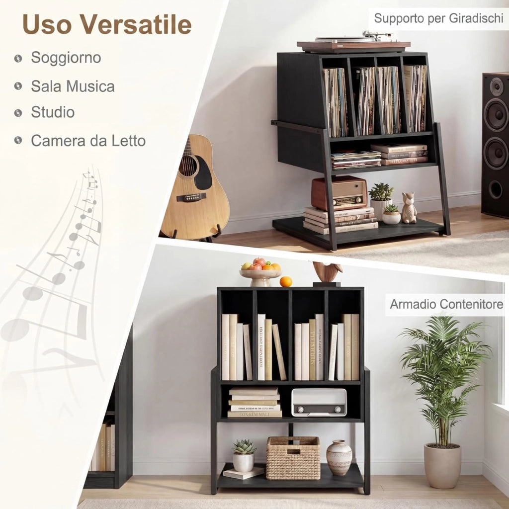 Supporto per Giradischi, Mobile Porta Giradischi con 4 Scomparti e Ripiani Aperti, Scaffale per Dischi in Legno con Ruote e Piedini Regolabili (Nero, Nessuna Presa di Corrente)
