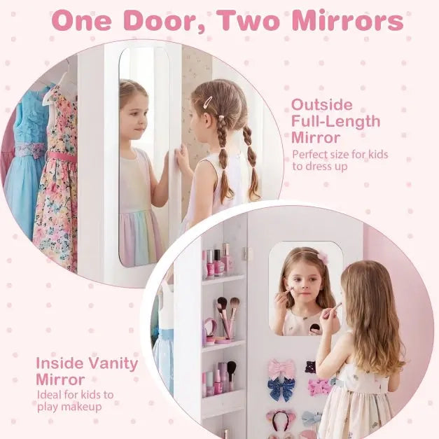 Armadio appendiabiti per bambini con specchi e ripiani rosa per cameretta organizzatore vestiti e giochi