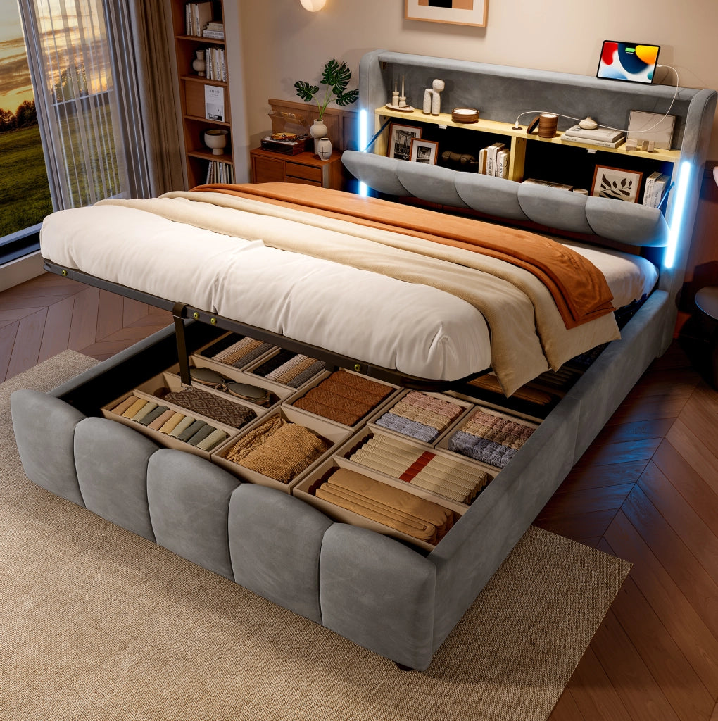 Letto imbottito 140x200 cm in velluto grigio con LED e USB