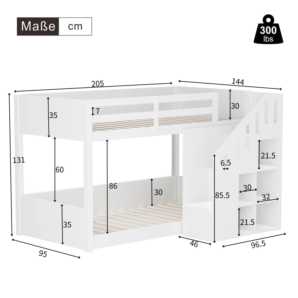 Letto a Castello 2 Posti con Scala Contenitore e Armadietti; 90×200 cm; senza Materasso; Bianco