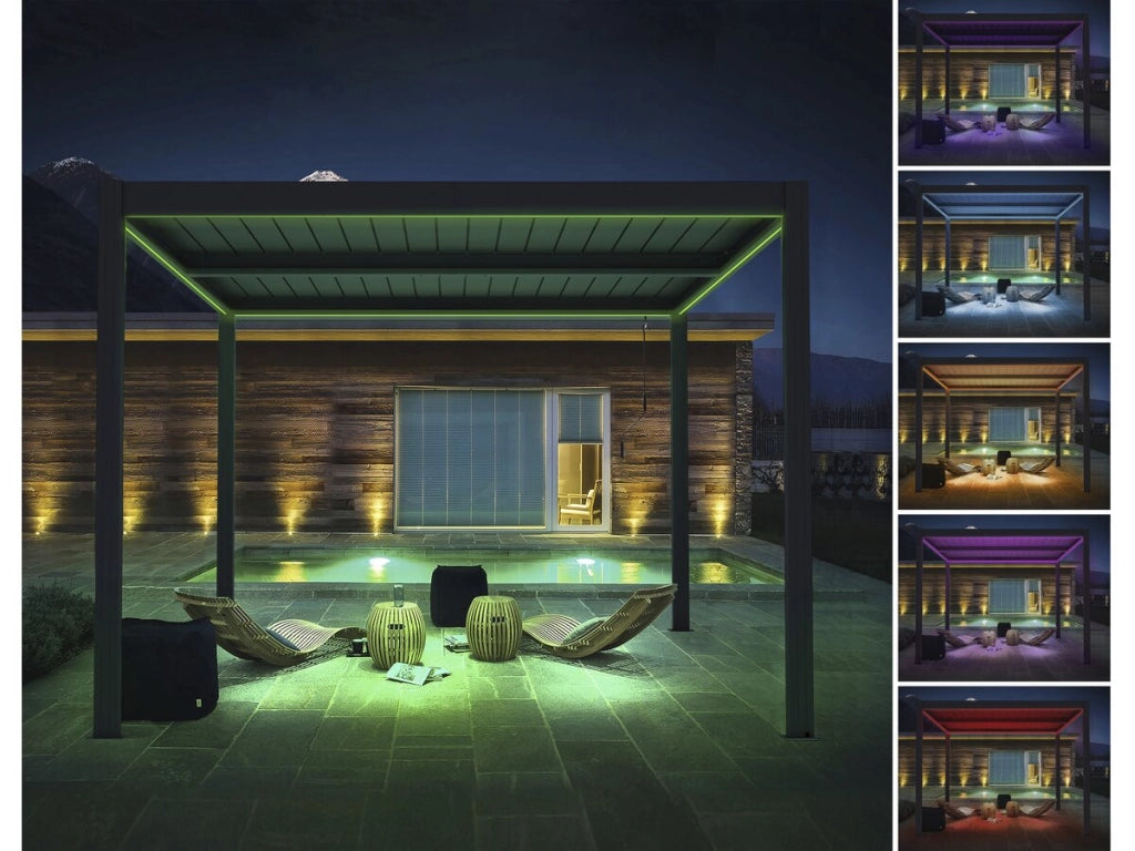 Pergola bioclimatica "Windsor premium" con led e 2 tende in alluminio - 3 x 4 m - Grigio