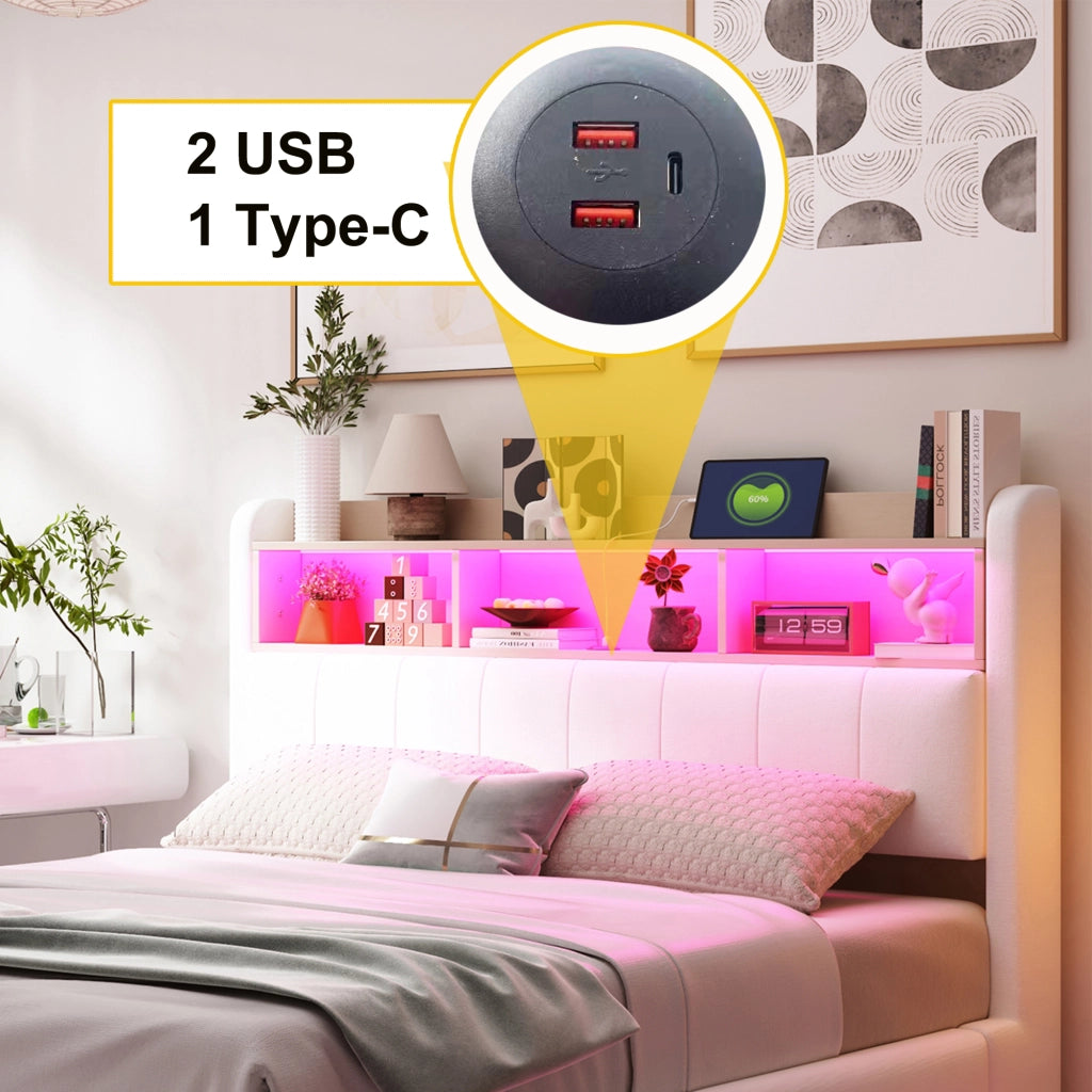 LETTO Imbottito Sospeso 160x200 cm Beige con LED e USB Type-C
