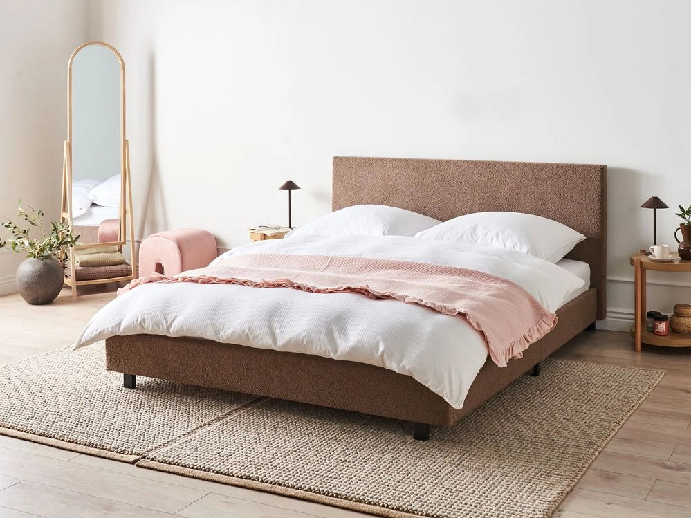 Letto matrimoniale imbottito bouclé marrone 180 x 200 cm con rete e testata