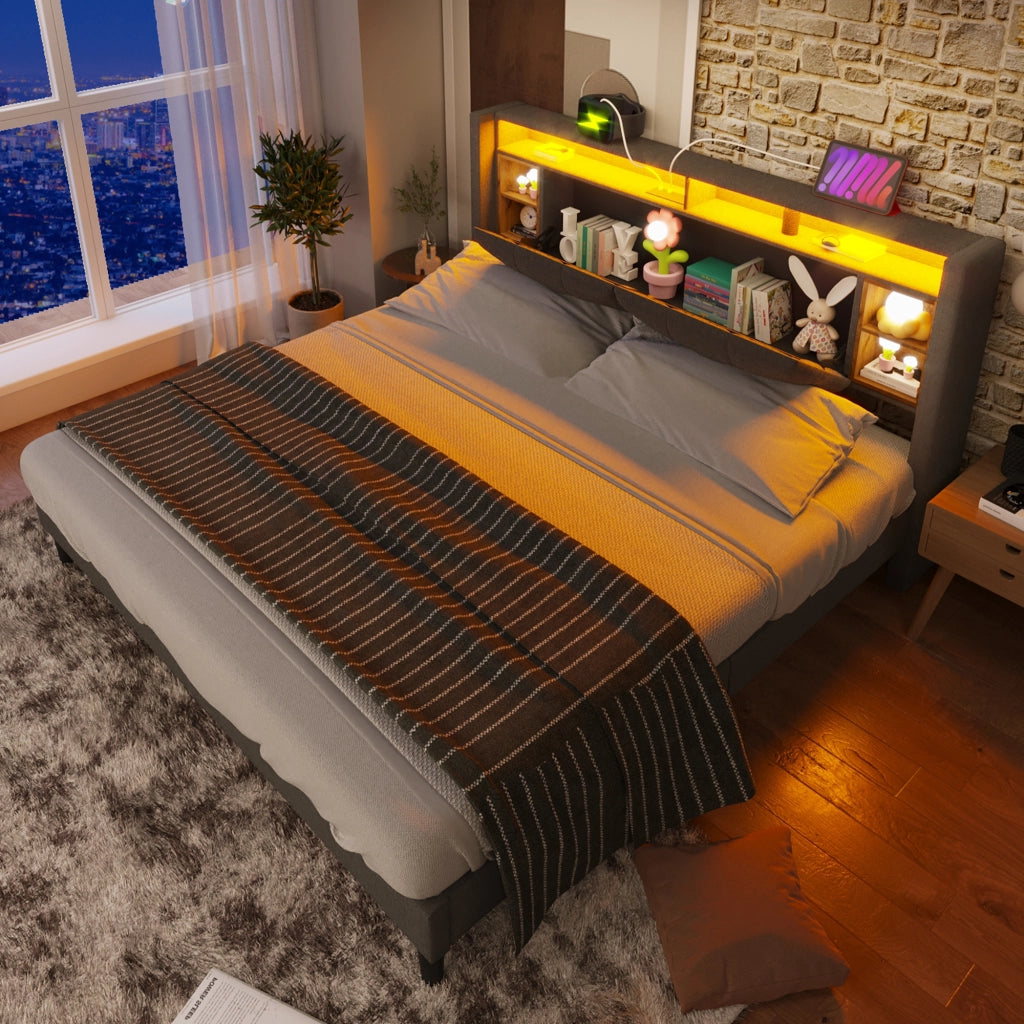 OKWISH Letto Contenitore 140×200 cm, Letto Matrimoniale con Testiera Contenitore, USB, Prese e LED Regolabile, senza Materasso, Grigio