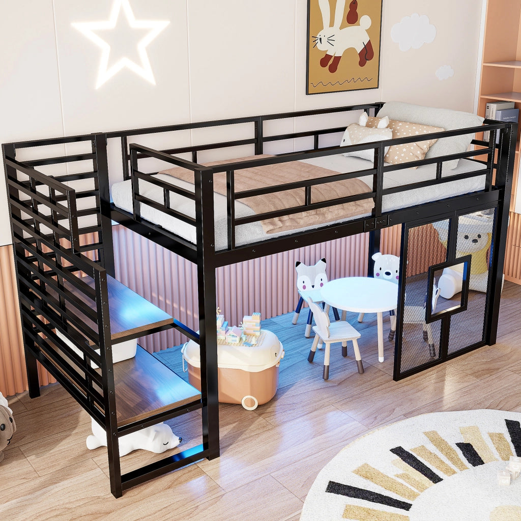Letto alto in metallo 90x200 con scaletta illuminazione a LED contenitore ferro nero e MDF