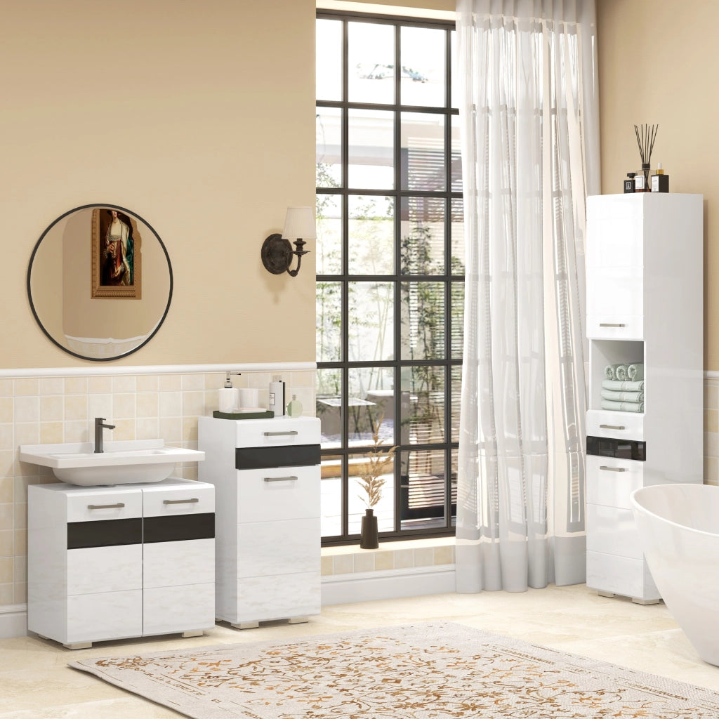 Colonna Bagno con Ripiano Aperto, Cassetto e Armadietto ¨C Minimal ¨C Bianco 37x32.5x170 cm