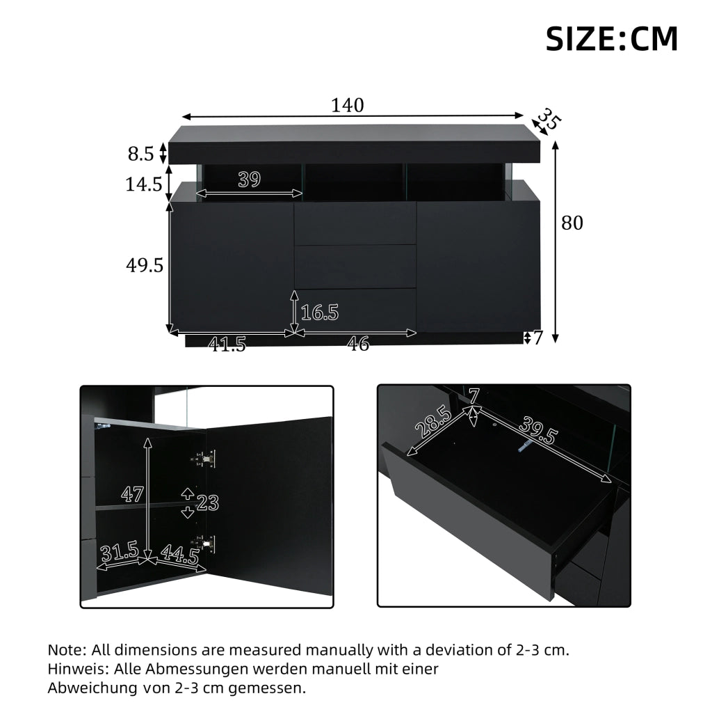 Credenza 140x35x80 cm con LED; 3 cassetti e vani aperti in truciolare e acrilico nero