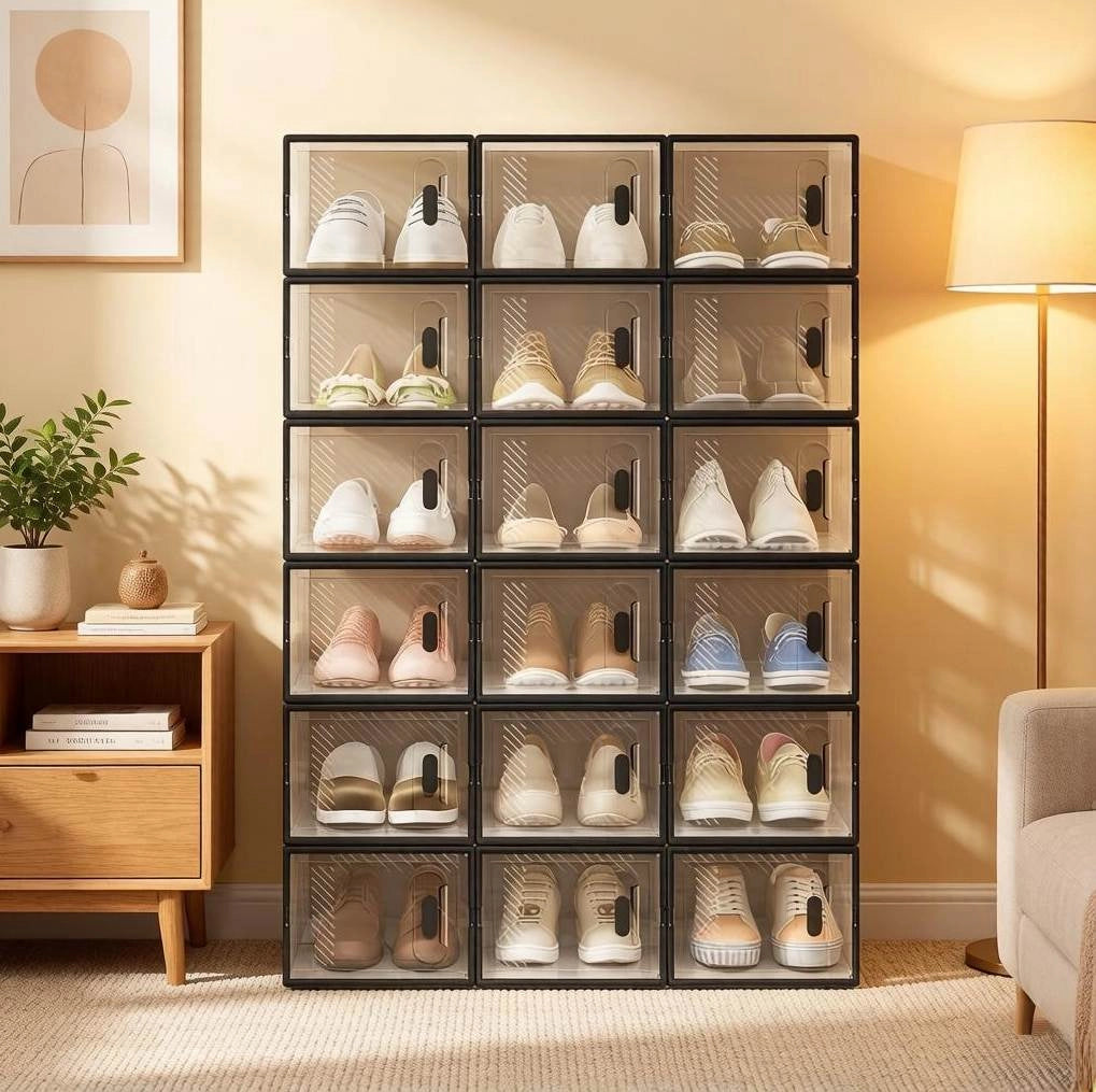 Set 18 scatole per scarpe ULEVR impilabili 25x18,5x35,5 cm in plastica trasparente e nera