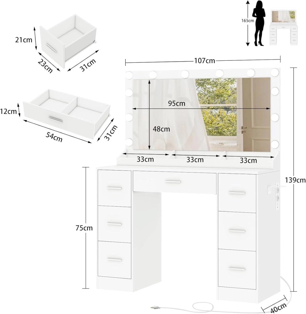 Toilette da trucco con luci, luminosità regolabile, specchio e spina, tavolo da toeletta con 7 cassetti, 3 ripiani, cassettiera moderna, camera da letto, bianco