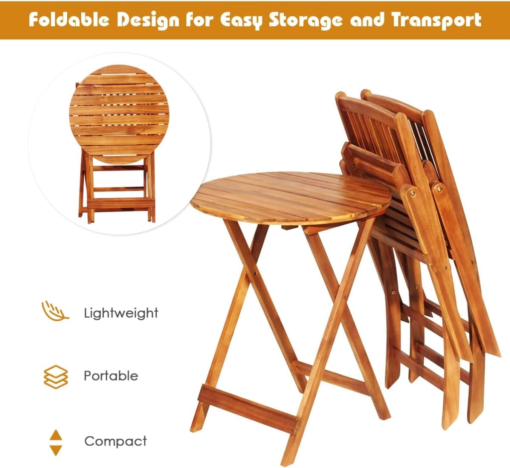 Set di Tavolo e 2 Sedie Pieghevoli in Legno d'Acacia con 2 Cuscini Imbottiti Removibili, Per Esterno, Patio, Giardino e Balcone (Rosso)