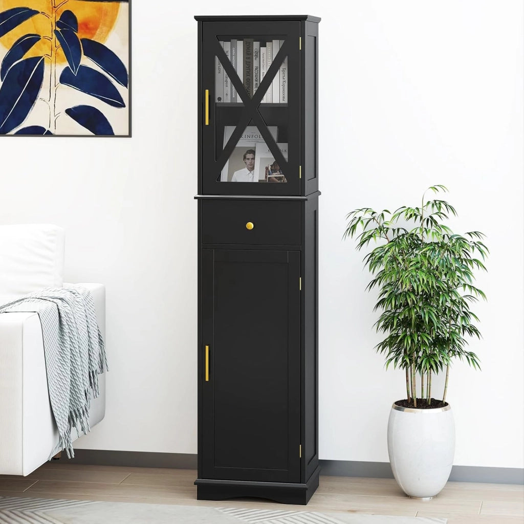 Armadietto da bagno, sottile con 2 ante, 1 cassetto e 3 ripiani regolabili, 40 x 30 x 168 cm, per cucina, soggiorno, bagno, ufficio (nero)