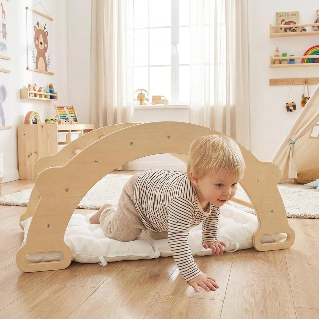 Arco da Arrampicata per Bambini, 3 in 1 Altalena ad Arco in Legno con Cuscino Morbido, Doppia Faccia, Ideale per Bambini 3+ Anni (Stile 2 Naturale)