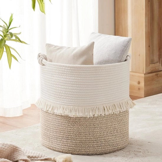 Mandolina di cotone per la conservazione - cesto decorativo boho con maniglie a intreccio - contenitore per la lavanderia con maniglie - ripostiglio per giocattoli per bambini - 40 x 43 cm - marrone.