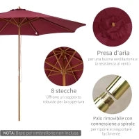 Ombrellone da Giardino 3x2.5 con Palo in Legno e 8 Stecche e Copertura in Poliestere Rosso Scuro