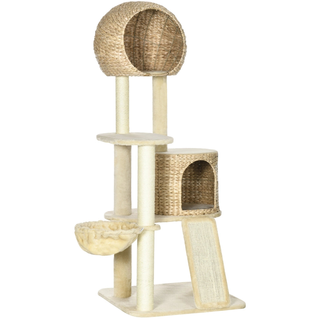 Tiragraffi per gatti beige con amaca, casetta e rampe