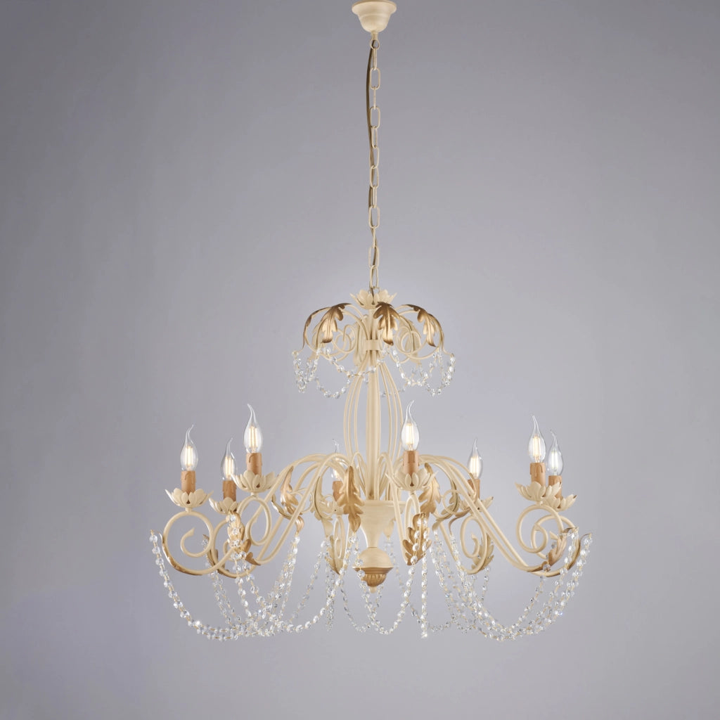Lampadario Shabby Damasco 8 Luci Ferro Battuto Avorio E Oro Con Cristalli