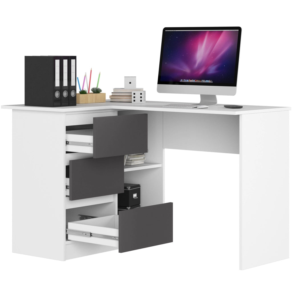 Scrivania angolare AKORD B16 Bianco 124 cm 3 cassetti inserto frontale Grigio Grafite 124x85x77 cm Modello a sinistra