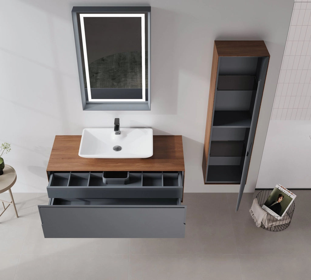Set mobile lavabo con specchio (2 pezzi) "Craft 120" - 120 x 50 x 40 cm - Noce / Antracite / Bianco