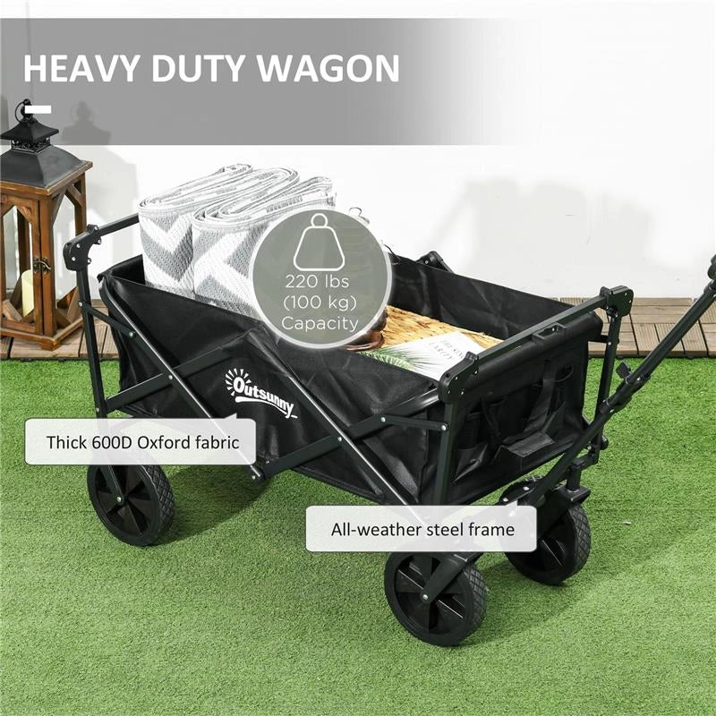CARRELLO DA GIARDINO 110L CON MANIGLIA TELESCOPICA E TETTUCCIO IN ACCIAIO E TESSUTO OXFORD, NERO