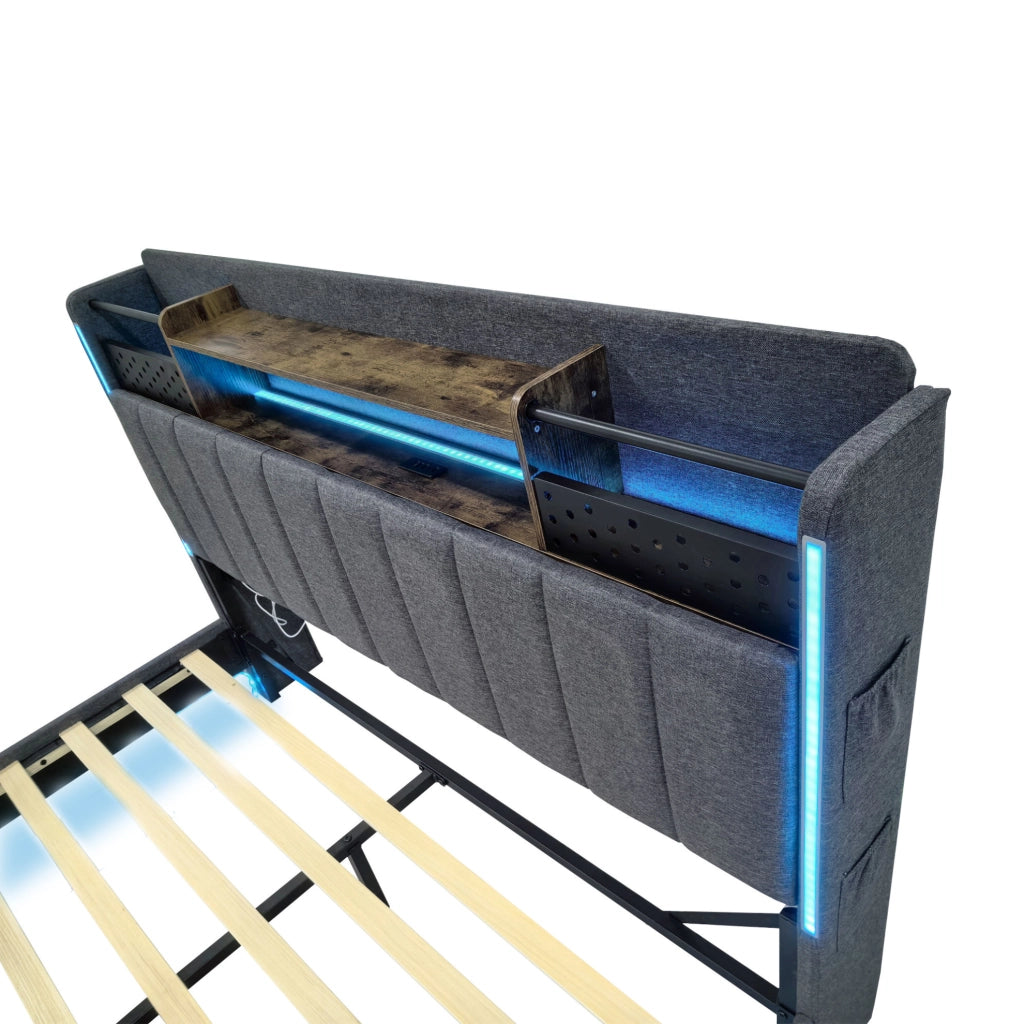 Letto matrimoniale imbottito 160x200 cm con LED; USB e testiera contenitore; grigio