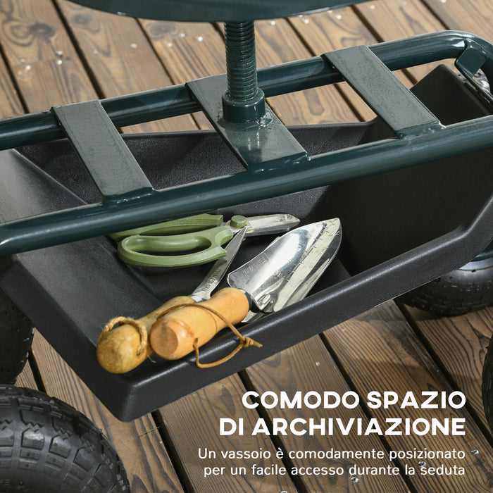 Carrello da Giardino 83x36.5x45-60 cm con Sedile Regolabile e Vassoio Inferiore in Acciaio e PP Verde Scuro