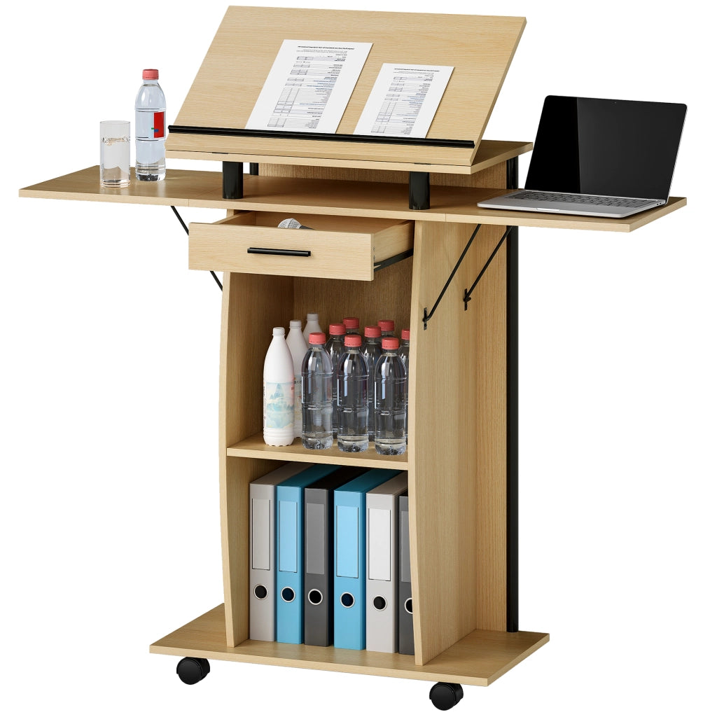 Scrivania Mobile con Rotelle e Ripiani ¨C Xylo ¨C Rovere con Cassetto e Scaffale Regolabile