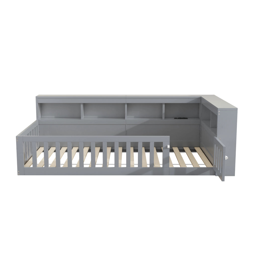 Letto singolo 90x200 cm; daybed con rete a doghe e contenitore laterale; grigio