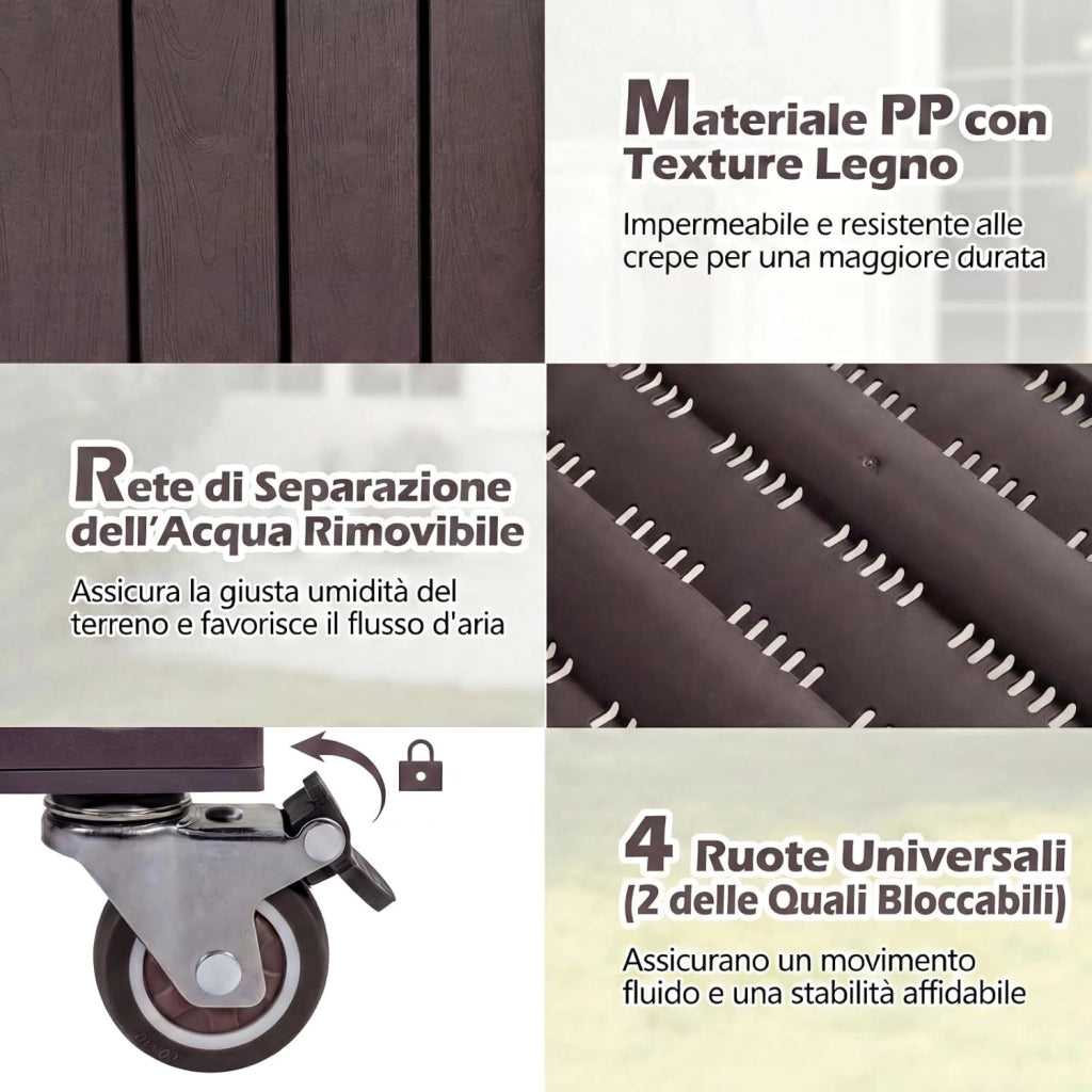 Letto da Giardino Rialzato con Ruote, Fioriera Elevata Divisibile con Monitor d’Acqua, Foro di Drenaggio e Ripiano per Verdure, Erbe, Contenitore Impermeabile per Piante da Cortile e Patio