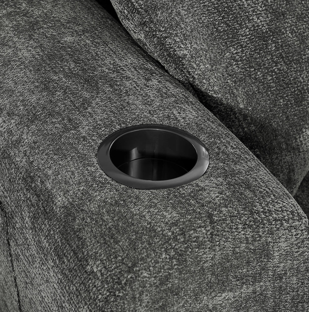 Divano relax a 2 posti in chenille con USB; tasche laterali e portabicchieri; nero 220x100x89 cm