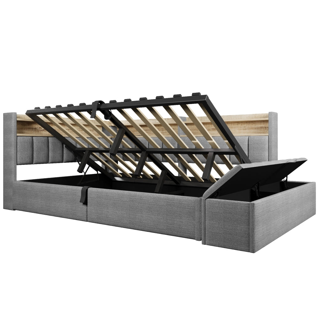 Letto contenitore 140x200 in velluto grigio con luce LED RGB e USB