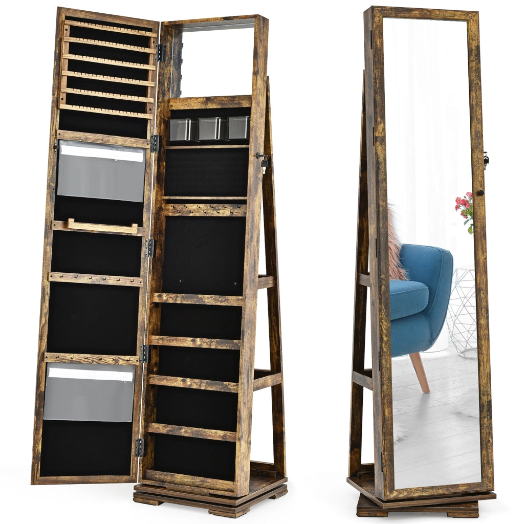 Armadio portagioielli girevole a 360¡ã con specchio, Organizer gioielli 2 in 1 a figura intera, Naturale-Armadietti per gioielli