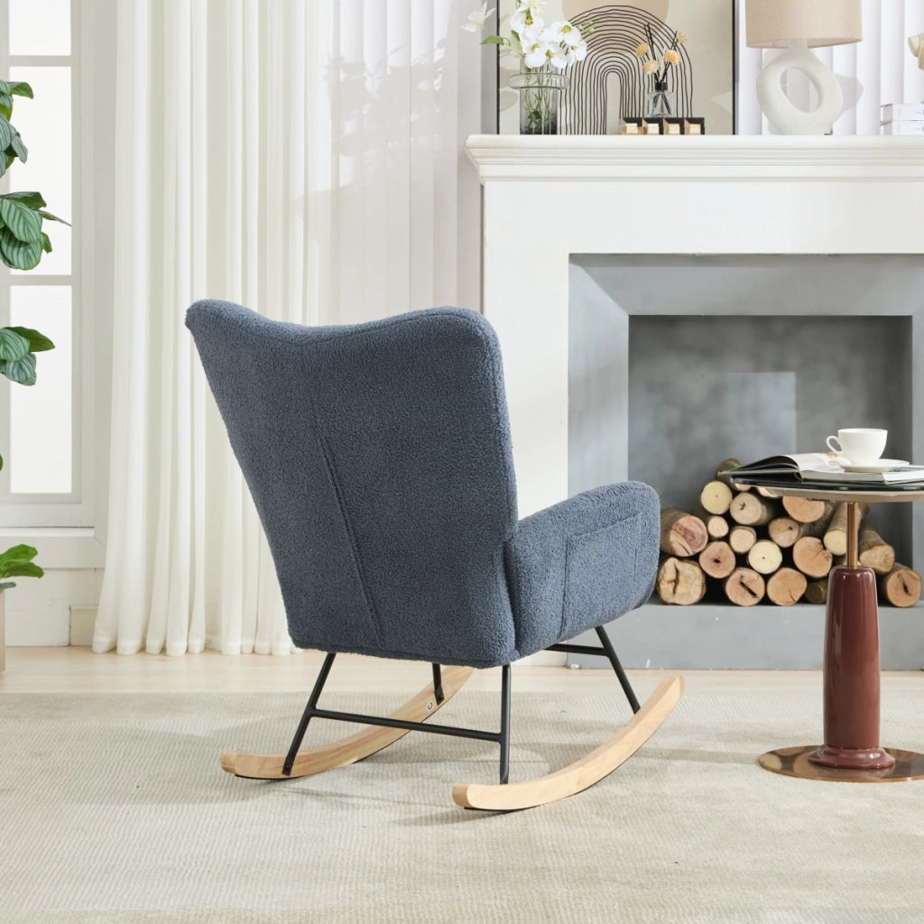 Poltrona a dondolo ergonomica con schienale avvolgente e tasca laterale per interni in tessuto teddy blu navy