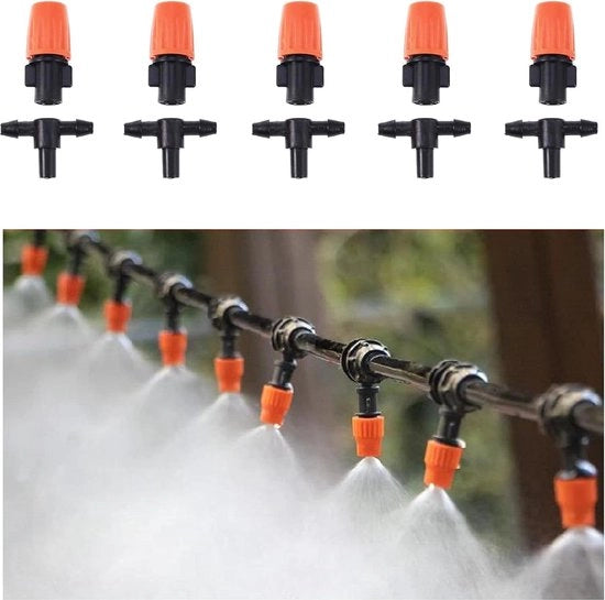 Set di Micro Aspiratori per Irrigazione a Goccia Regolabili e Connettori T - Pacchetto da 10 - Per Patio Giardino Serra Irrigazione a Goccia Sistema di Raffreddamento Esterno