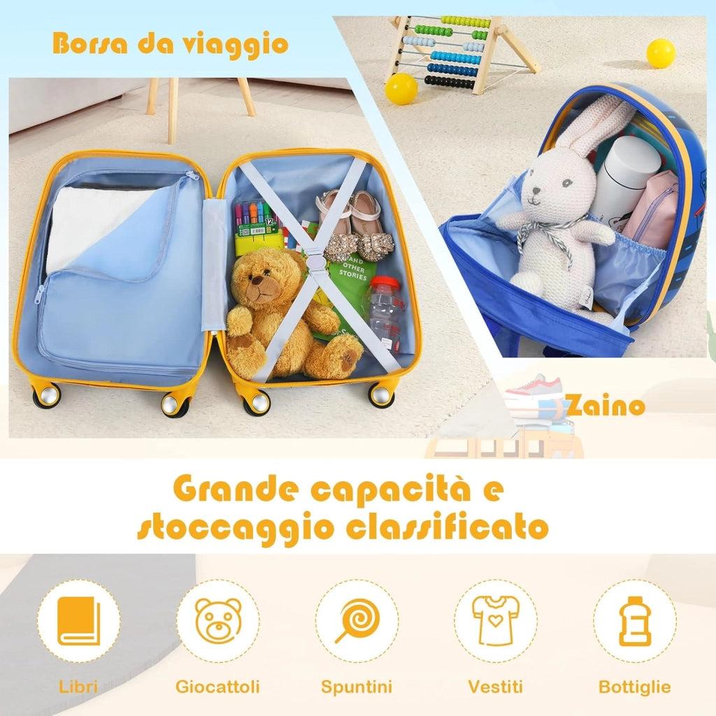 Set di Valigia per Bambini, 16" Valigia+ 12" Zaino, 2 Pezzi, con Ruote Girevoli a 360° e Maniglia Retrattile, Ideale per Viaggiare in Modo Comodo e Divertente (Modello 19)