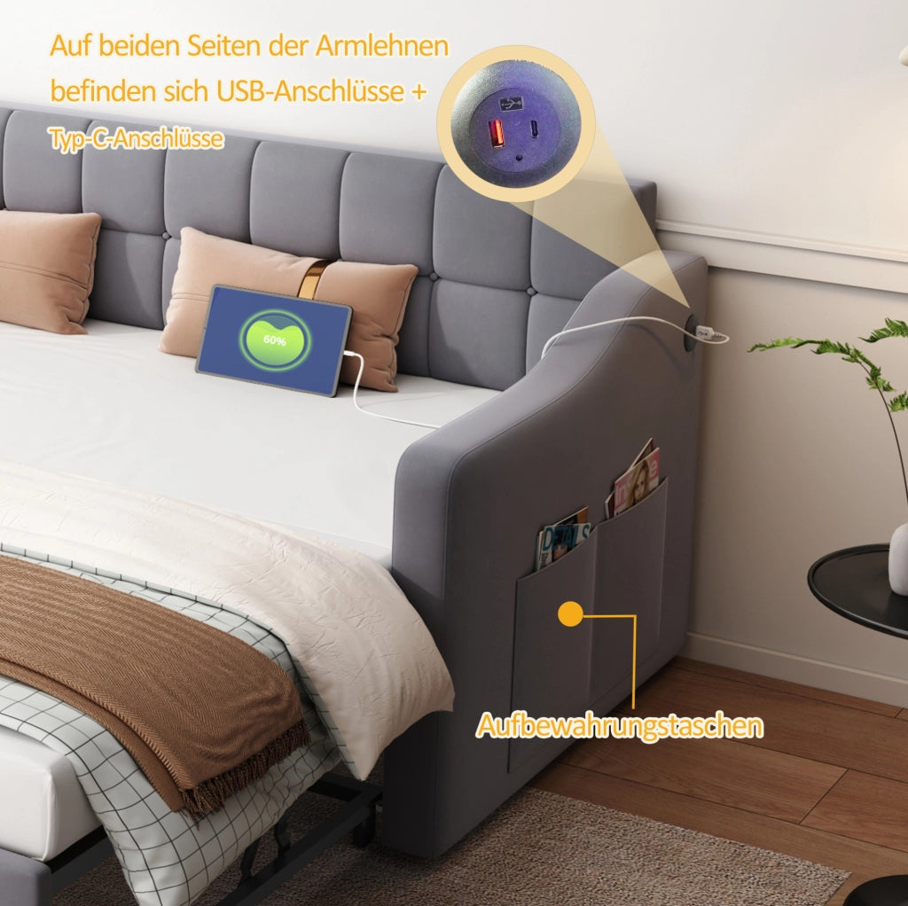 Letto imbottito estraibile 90x190 cm grigio con porte USB