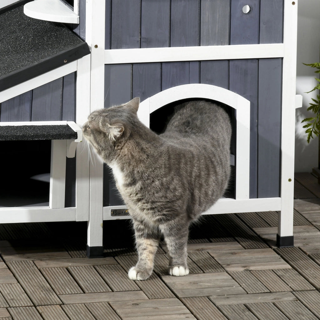 Casetta per gatti da esterno in legno a 2 piani, grigia, con tetto impermeabile e più ingressi