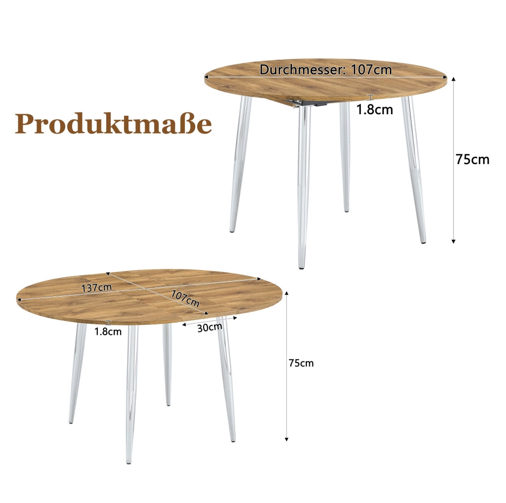 Tavolo da pranzo rotondo estensibile 107-137 cm in MDF e metallo, legno –