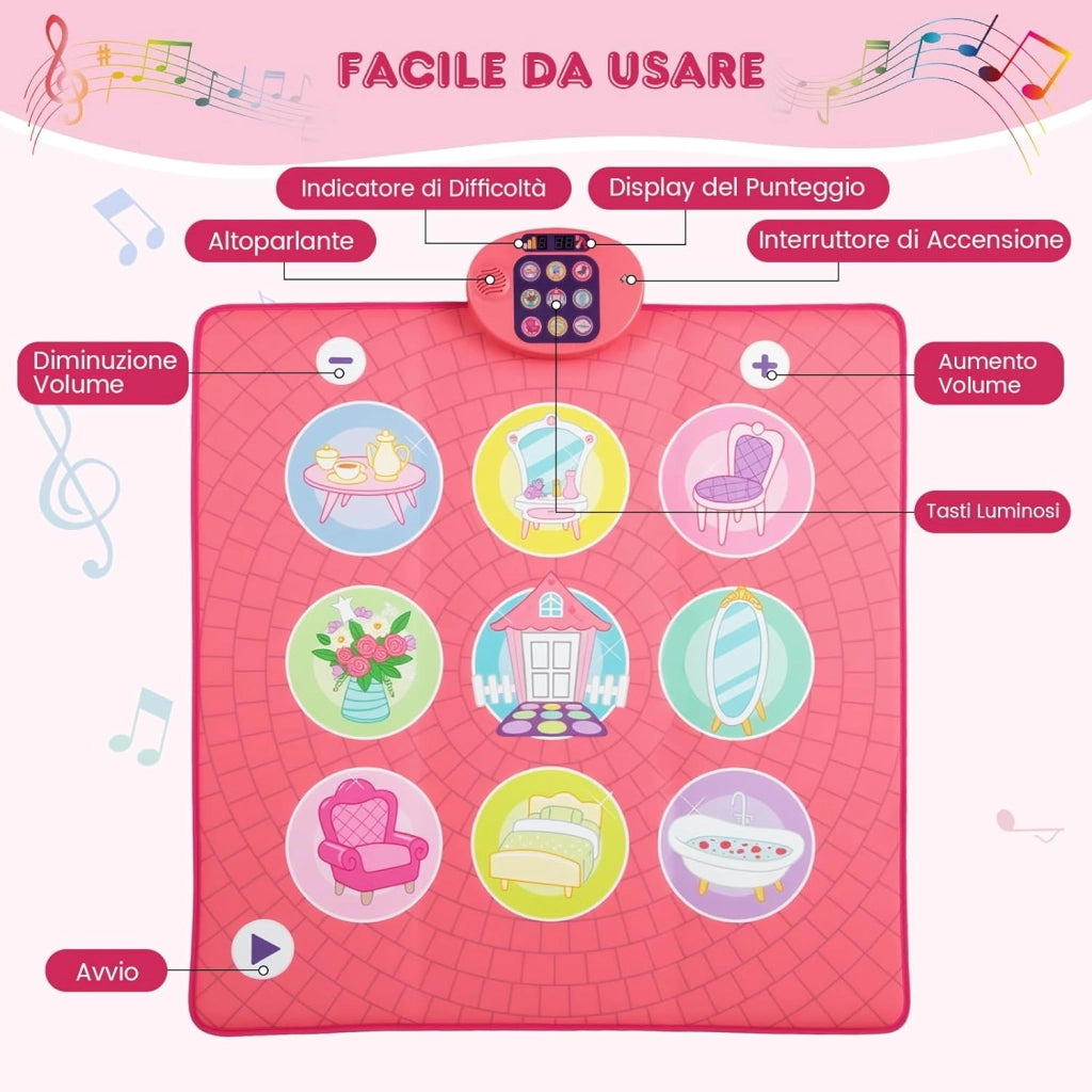 Tappeto da Ballo per Bambini, Gioco con 5 Livelli, 9 Suoni di Tastiera e 9 Canzoni Demo, Display del Punteggio e Volume Regolabile, Regalo Interattivo per Bambini 3+ Anni