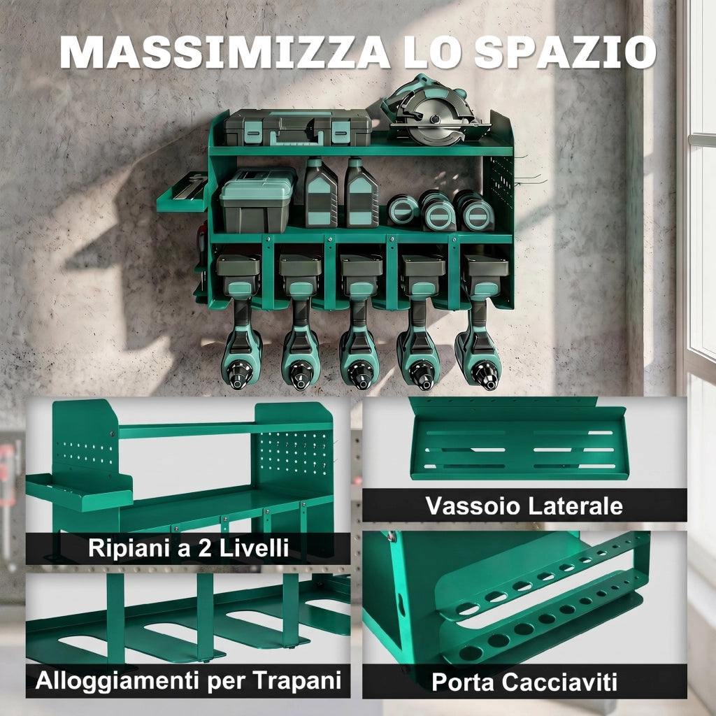 Porta Attrezzi da Parete 61,8x23x32,7 cm con Supporto per 5 Trapani Elettrici e Vassoio Laterale in Metallo Verde