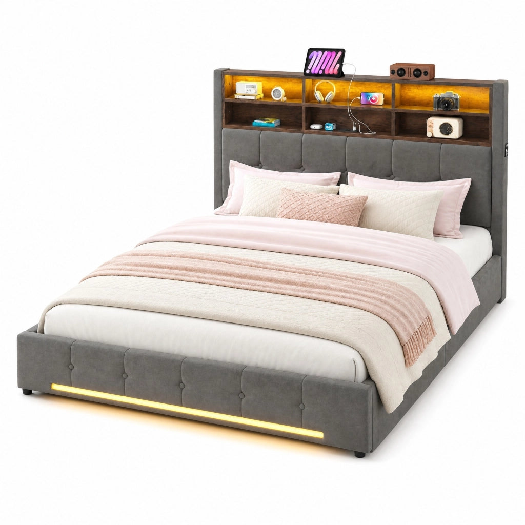 Letto Contenitore 160x200 cm; Matrimoniale - USB-C; LED e 6 Vani - Grigio Scuro