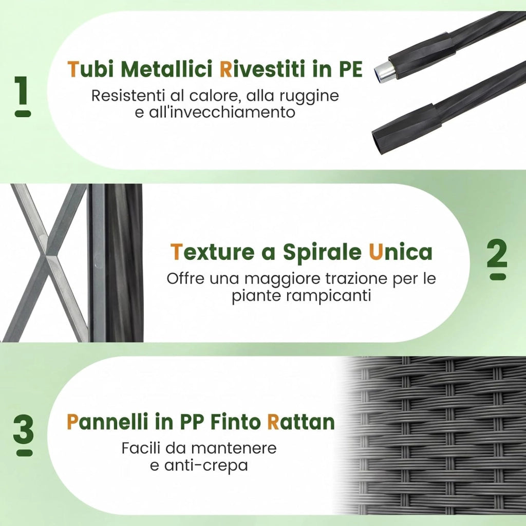 Fioriera Rialzata con Graticcio e Tetto, Irrigazione Automatica e Ruote Bloccatili, Letto da Giardino Rialzato in Rattan Impermeabile per Piante Rampicanti, Fiori ed Erbe (Grigio)