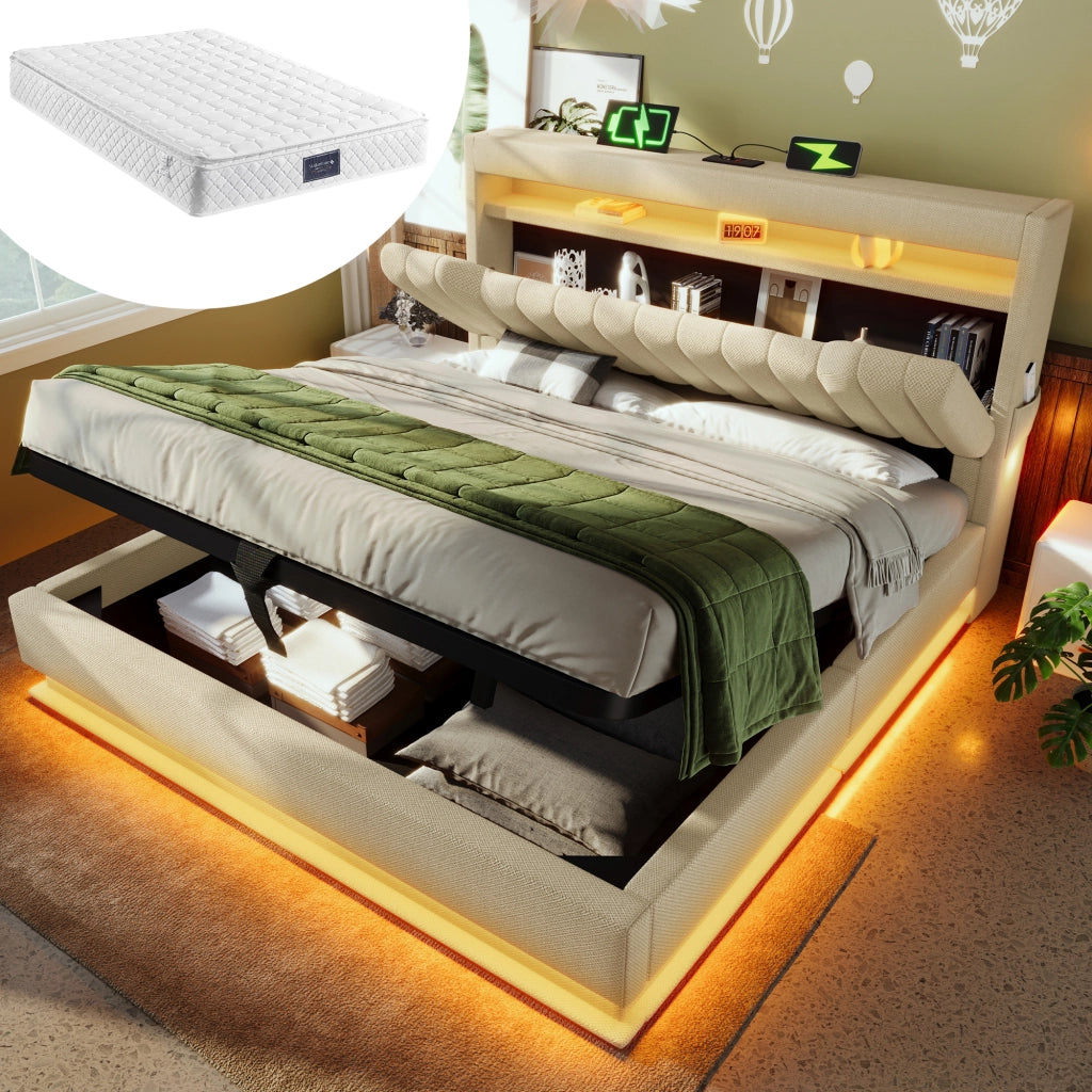 LETTO Contenitore 160x200 cm in lino Beige con LED e materasso incluso